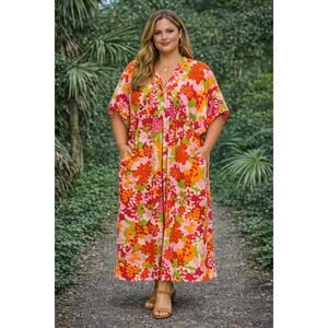 VTG 80s Handmade Hawaiian Maxi Dress Mumu Plus 50" Bust Floral 1x